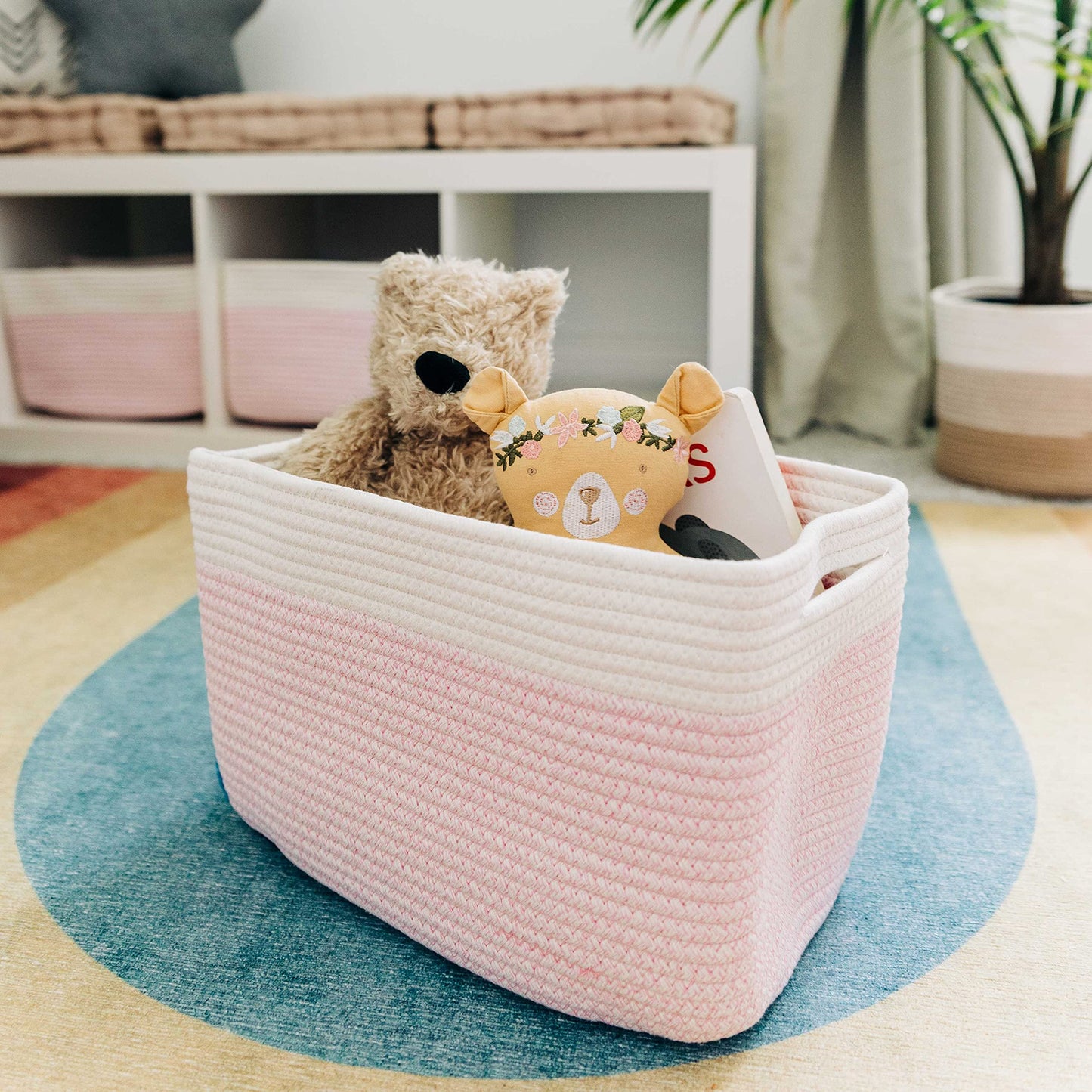 Light Honey Cotton Rope Baskets for Shelves, Set of 3 - 15"×10"×9½" - Woven Storage Baskets for Organizing - Closet, Nursery, Bedroom, Playroom - Toys, Books, Towels, Clothes