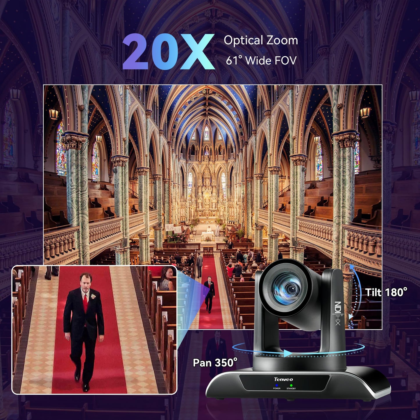 Tenveo 4K NDI PTZ Camera AI Humanoid & Face Auto-Tracking, HDMI/LAN/USB3.0 PoE PTZ Camera 20X Optical Zoom IP Live Streaming, for Church Services Worship Video Conference Live Streaming YouTube OBS