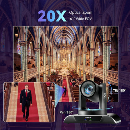 Tenveo 4K NDI PTZ Camera AI Humanoid & Face Auto-Tracking, HDMI/LAN/USB3.0 PoE PTZ Camera 20X Optical Zoom IP Live Streaming, for Church Services Worship Video Conference Live Streaming YouTube OBS