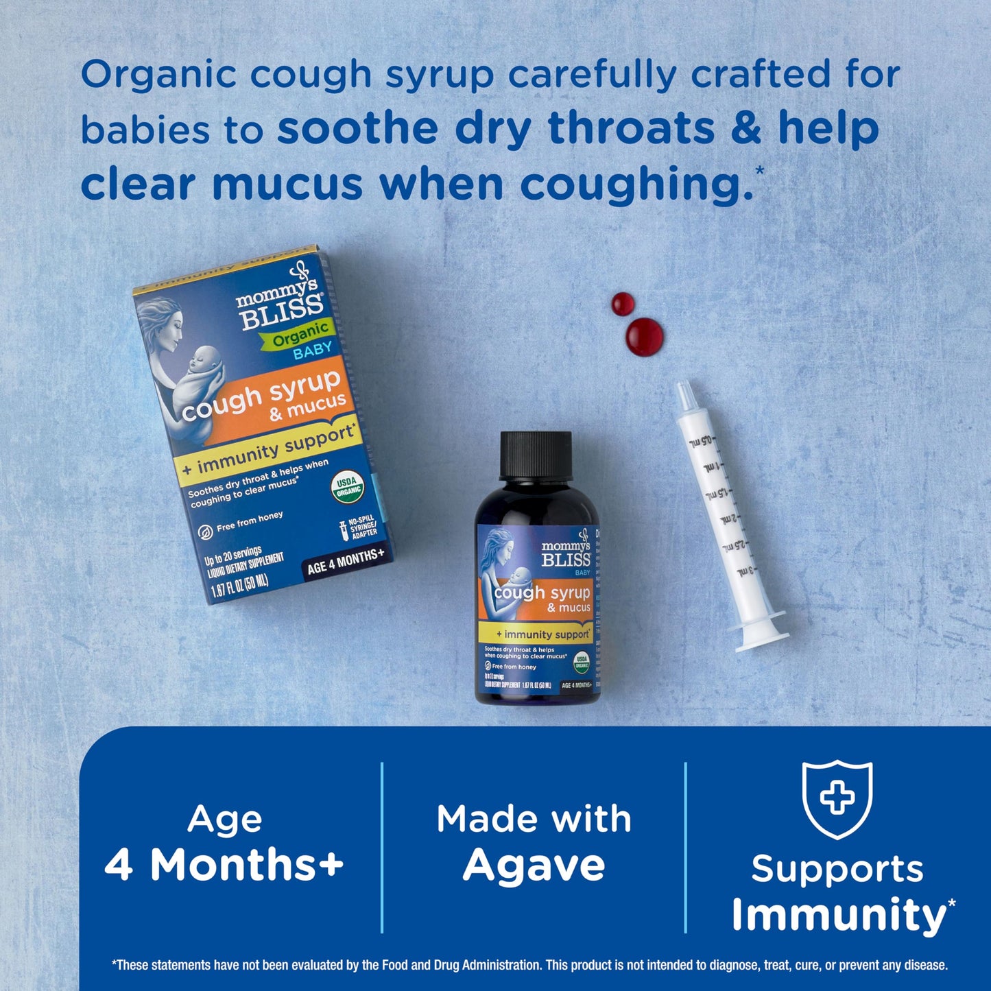 Mommy's Bliss Organic Baby Cough Syrup and Mucus + Immunity Support, Contains Agave & Ivy Leaf, 4 month+, 1.67 Fl Oz