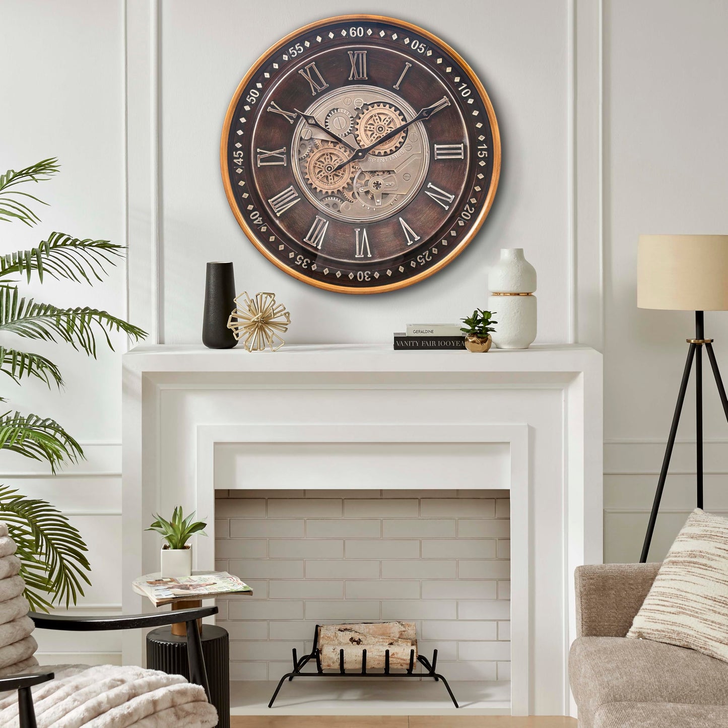 CLXEAST Mid Century Minimalist Modern Wall Clocks,24 Inch Wall Clock with Moving Gears, Large Cream Gold Wall Clocks for Living Room Decor,House Warming Gifts New Home