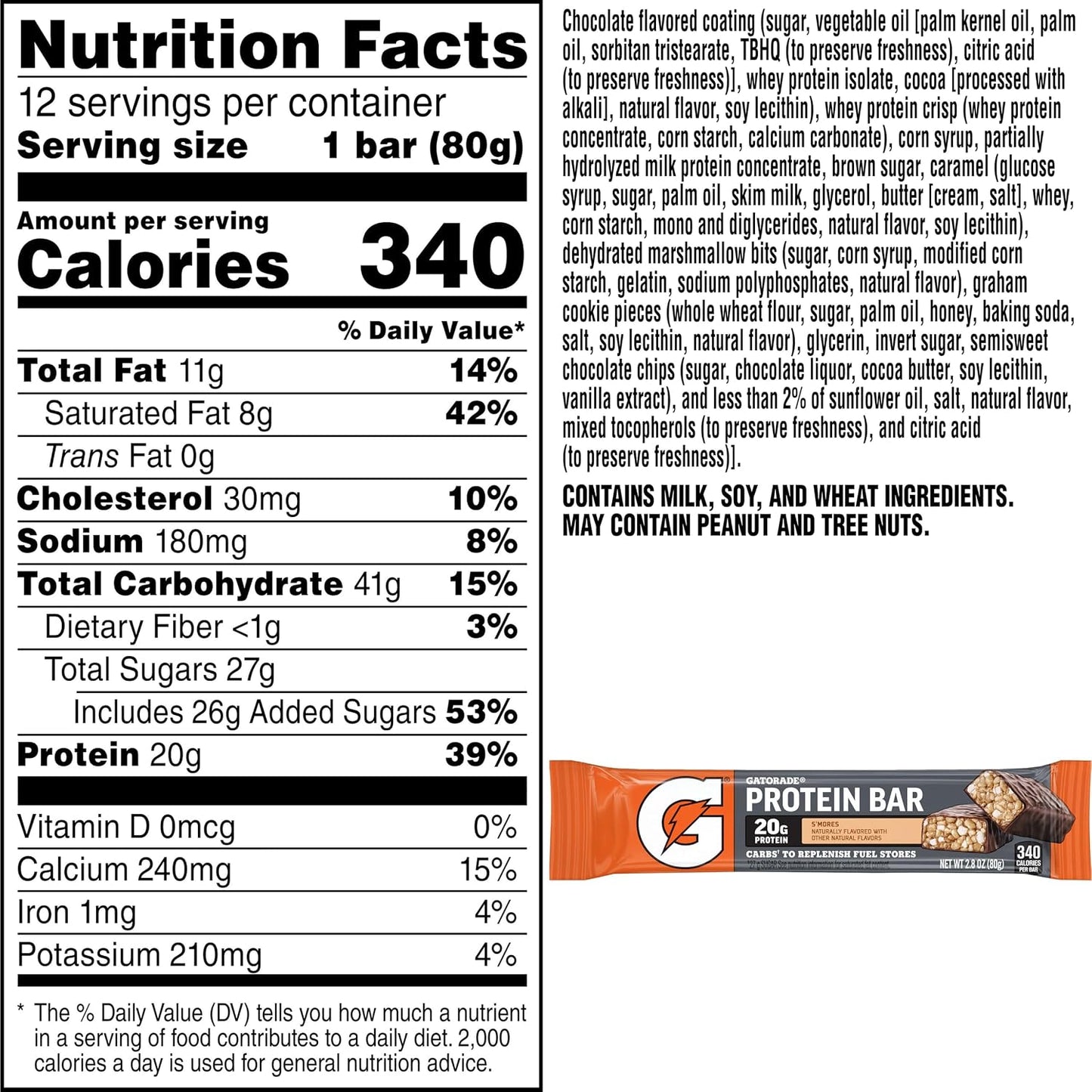 Gatorade Whey Protein Recover Bars, Chocolate Chip, 2.8 ounce(Pack of 12)