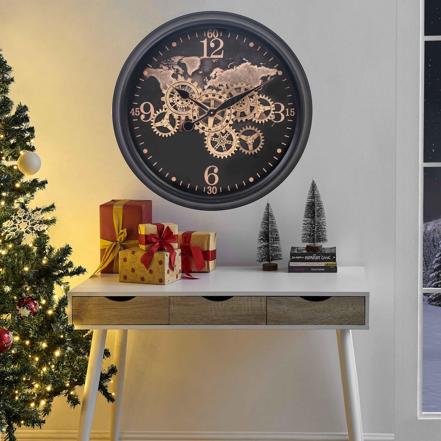 CLXEAST Mid Century Minimalist Modern Wall Clocks,24 Inch Wall Clock with Moving Gears, Large Cream Gold Wall Clocks for Living Room Decor,House Warming Gifts New Home
