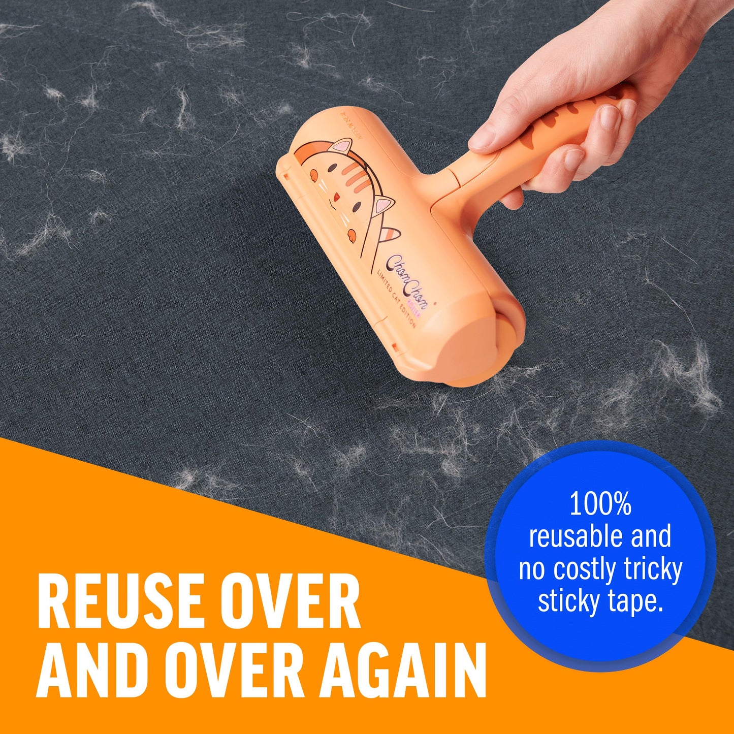 ChomChom Roller Pet Hair Remover – Original Size Reusable Lint Roller for Cat & Dog Hair on Furniture, Couch, Carpet, Car, Rugs & Bedding – Portable, Eco-Friendly (Black)