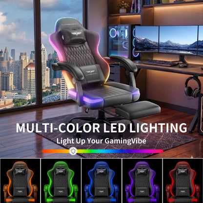 Ergonomic Gaming Chair, RGB LED Lights Computer Chairs with Retractable Footrest, 400 lbs Lumbar Support Linked Armrests Gamer Chair High Back Heavy Duty Video Game Chairs (Black Red)