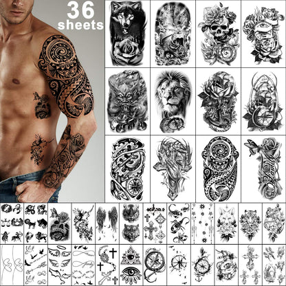 Yazhiji 36 Sheets Temporary Tattoos Stickers, 12 Sheets Fake Body Arm Chest Shoulder Tattoos for Men or Women with 24 PCS Tiny Black Tattoos
