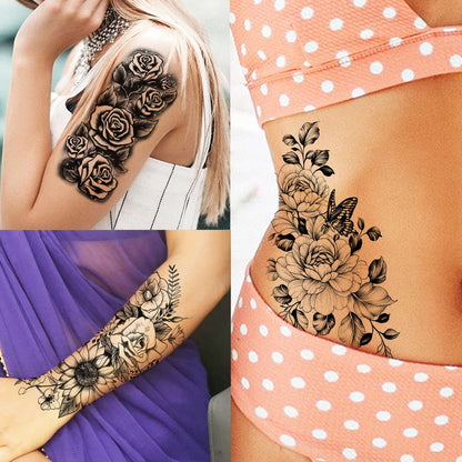 12 Sheets Beautiful Butterfly Flowers Temporary Tattoos For Women Feet Hands Body Art, Realistic Rose Peony Floral Fake Tattoo Sticker For Legs Ankle, Waterproof Lily Dreamcatcher Temp Tatoos Decals