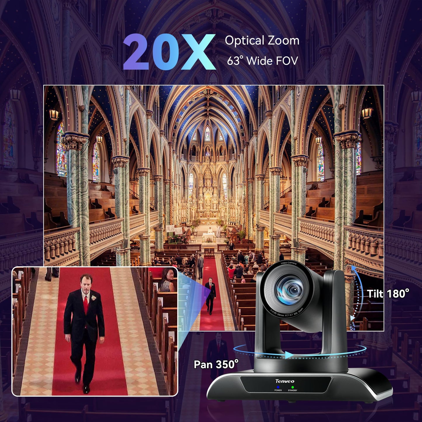 Tenveo 4K NDI PTZ Camera AI Humanoid & Face Auto-Tracking, HDMI/LAN/USB3.0 PoE PTZ Camera 20X Optical Zoom IP Live Streaming, for Church Services Worship Video Conference Live Streaming YouTube OBS