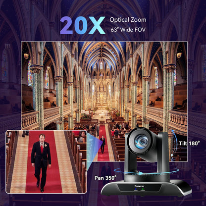 Tenveo 4K NDI PTZ Camera AI Humanoid & Face Auto-Tracking, HDMI/LAN/USB3.0 PoE PTZ Camera 20X Optical Zoom IP Live Streaming, for Church Services Worship Video Conference Live Streaming YouTube OBS