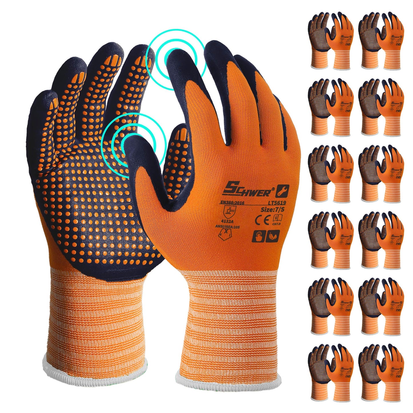 Schwer 3/6/12 Pairs Safety Work Gloves with Certified Level 6 Abrasion Resistance, Gardening Gloves with MicroDot Grip, Touchscreen, General A1 Cut Resistant Glove MicroFoam Nitrile Coated, LT5619, L