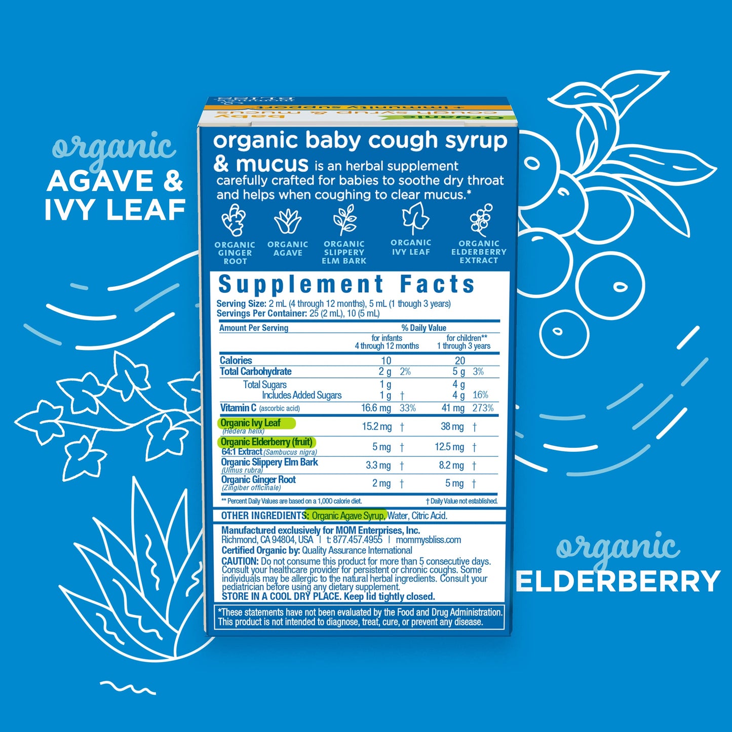 Mommy's Bliss Organic Baby Cough Syrup and Mucus + Immunity Support, Contains Agave & Ivy Leaf, 4 month+, 1.67 Fl Oz