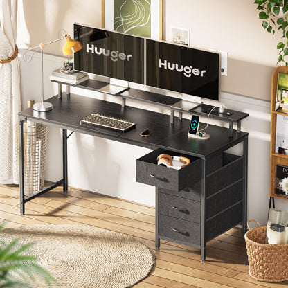 Huuger 47 Inch Computer Desk with Power Outlets and LED Lights, Gaming Desk with 4 Drawers, Office Desk with Monitor Stand, Study Work Home Office, Small Spaces, Black