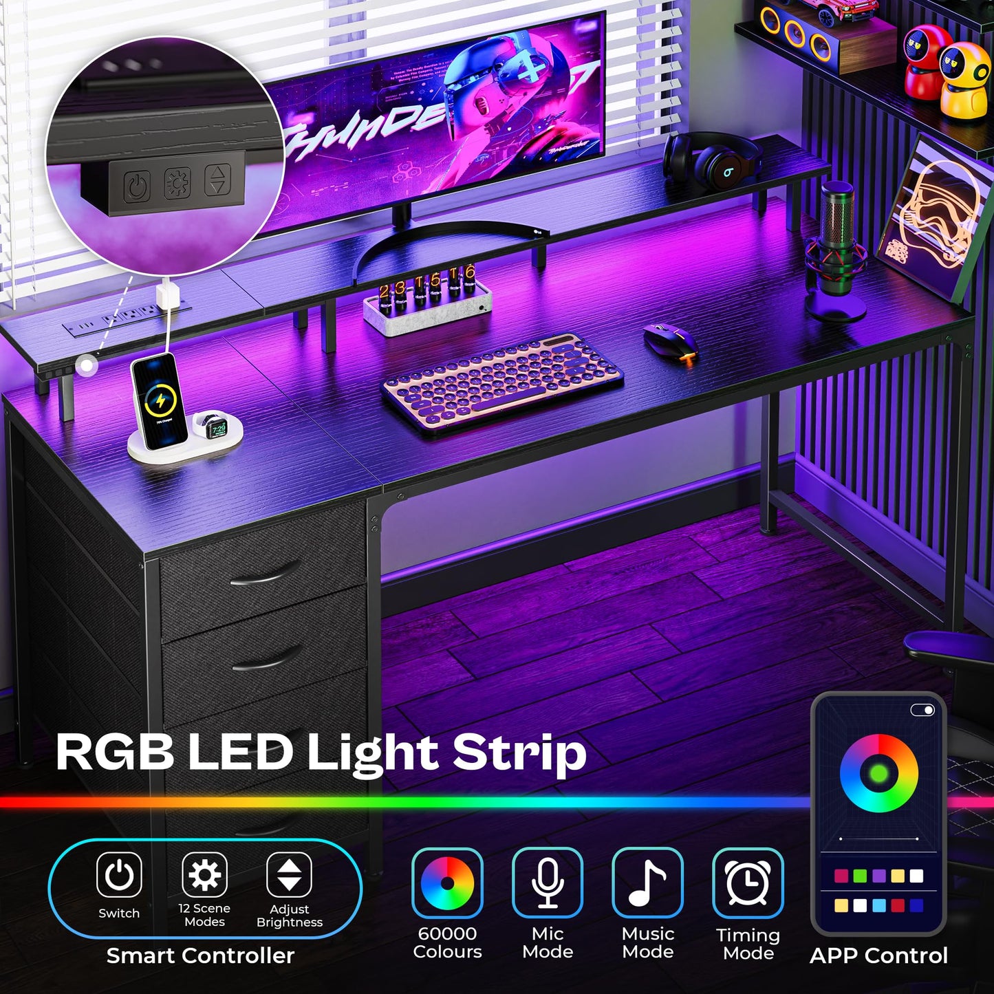 Huuger 47 Inch Computer Desk with Power Outlets and LED Lights, Gaming Desk with 4 Drawers, Office Desk with Monitor Stand, Study Work Home Office, Small Spaces, Black
