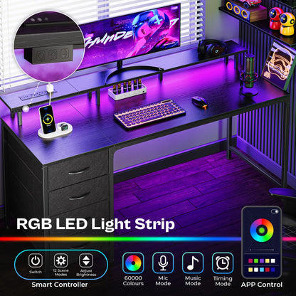 Huuger 47 Inch Computer Desk with Power Outlets and LED Lights, Gaming Desk with 4 Drawers, Office Desk with Monitor Stand, Study Work Home Office, Small Spaces, Black