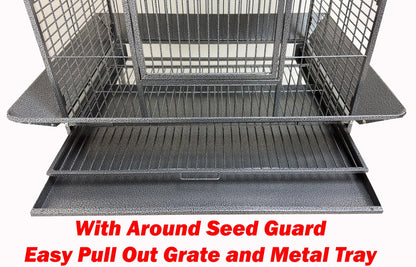 Large Elegant and Durable Wrought Iron Play Ground Perch Stand Top Climbing Ladder Bird Parrot Rolling Metal Cage with Around Seed Guard Storage Shelf On Heavy Duty Lockable Rolling Wheels
