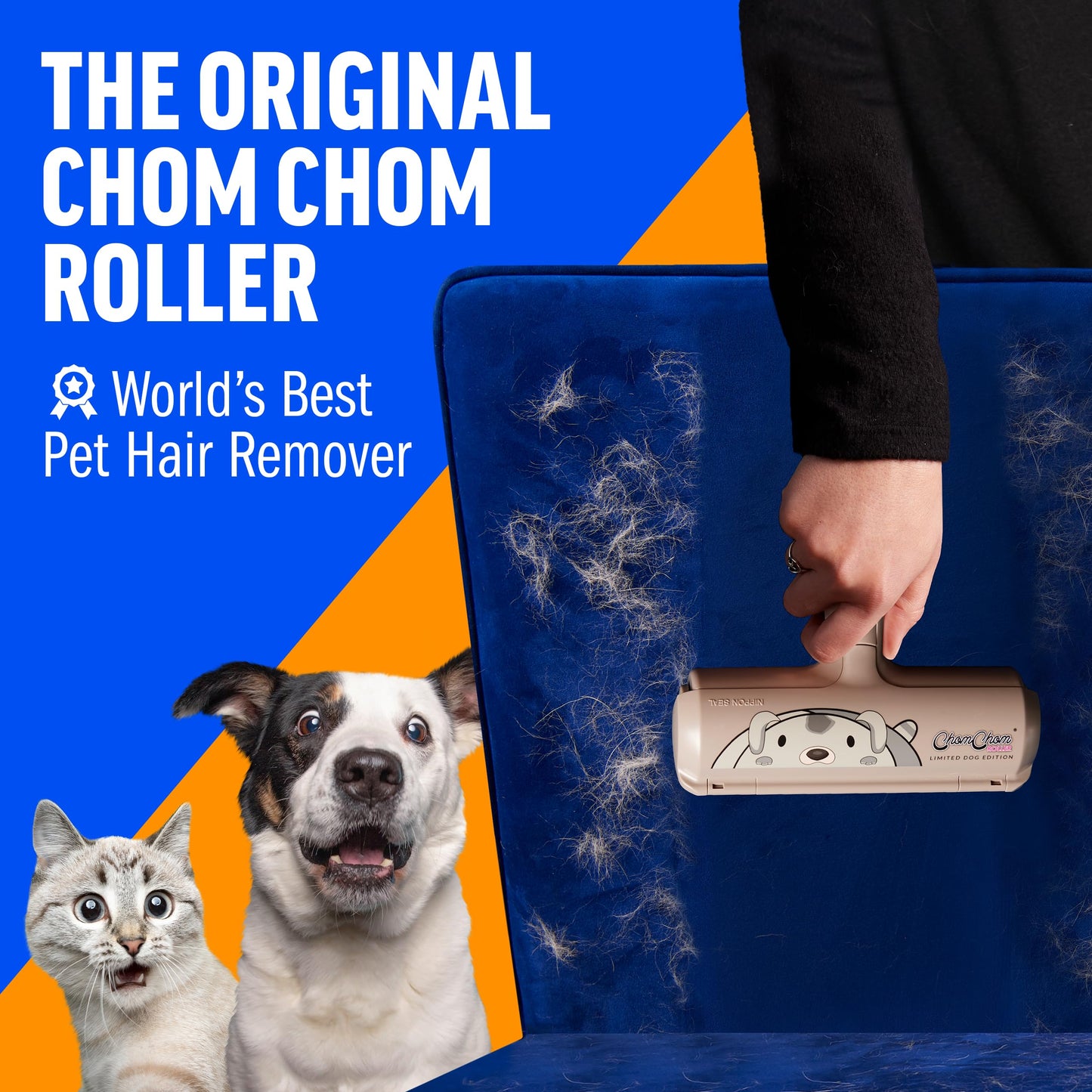 ChomChom Roller Pet Hair Remover – Original Size Reusable Lint Roller for Cat & Dog Hair on Furniture, Couch, Carpet, Car, Rugs & Bedding – Portable, Eco-Friendly (Black)