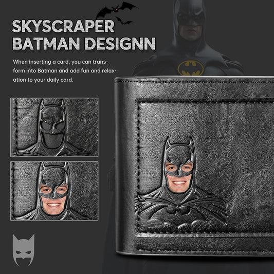 AMARONE Leather Bat Wallet for Men Valentines day gift for him Personalized Gift for Husband Unique Birthday Holiday Gifts Best for Anniversary | Hero ID with 3D Metalic Superhero Mask (Bifold)