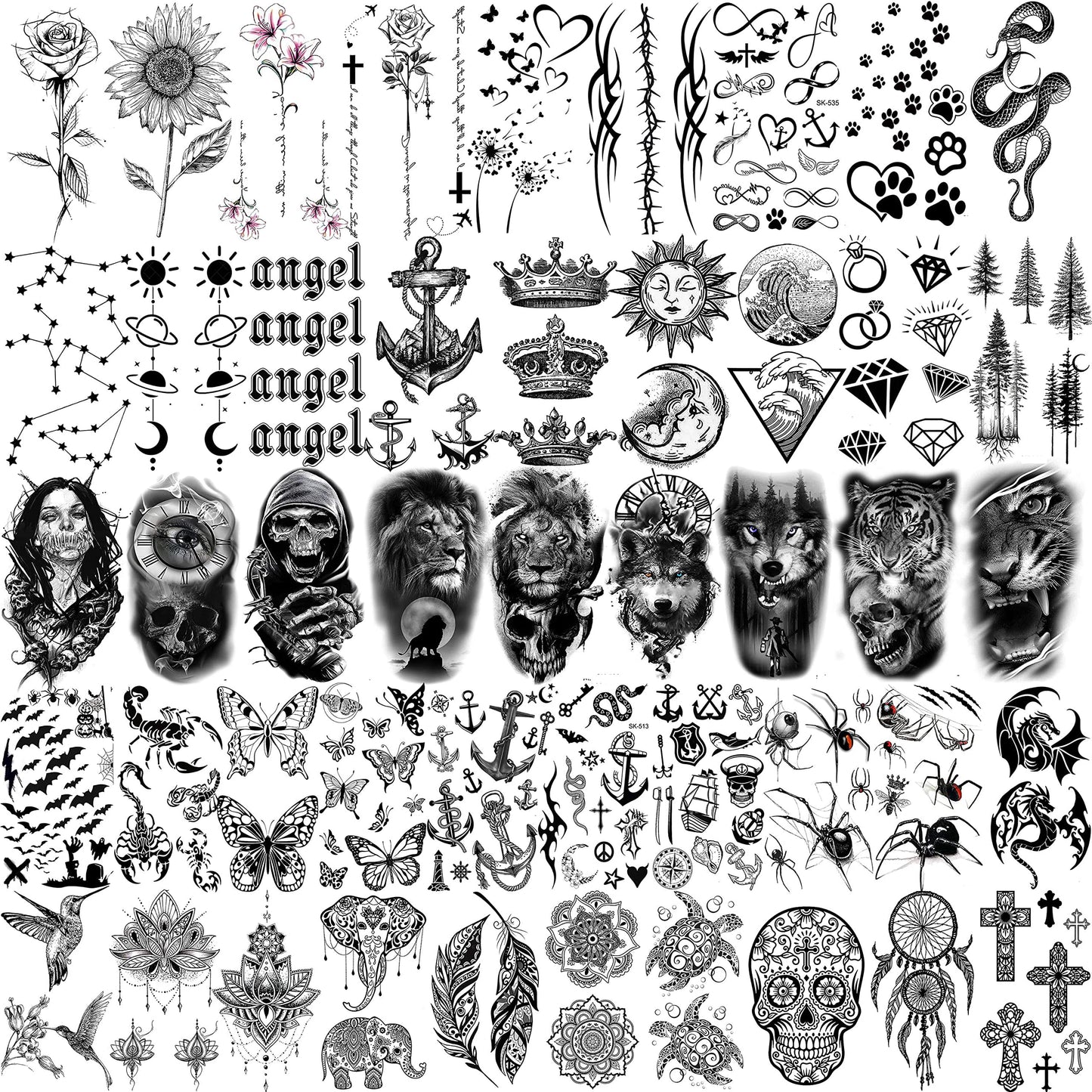 12 Sheets Beautiful Butterfly Flowers Temporary Tattoos For Women Feet Hands Body Art, Realistic Rose Peony Floral Fake Tattoo Sticker For Legs Ankle, Waterproof Lily Dreamcatcher Temp Tatoos Decals