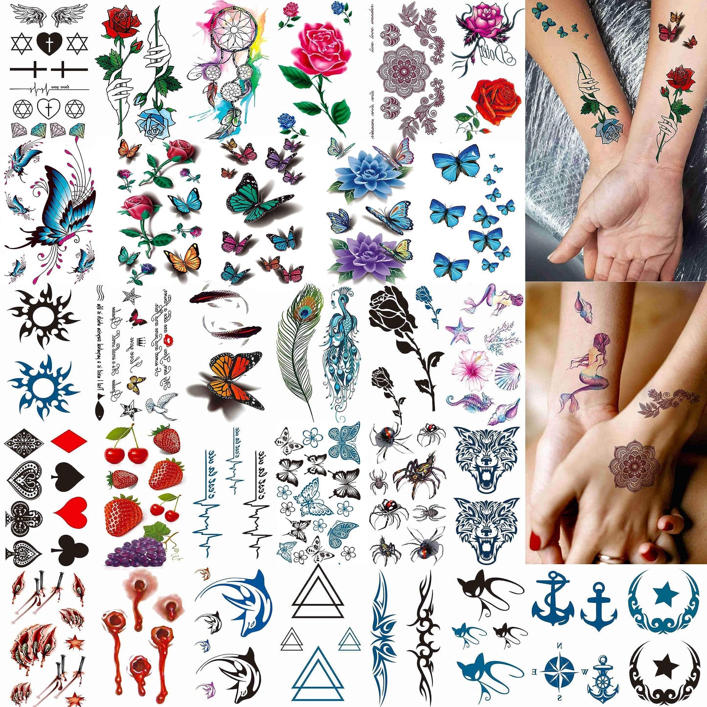 12 Sheets Beautiful Butterfly Flowers Temporary Tattoos For Women Feet Hands Body Art, Realistic Rose Peony Floral Fake Tattoo Sticker For Legs Ankle, Waterproof Lily Dreamcatcher Temp Tatoos Decals