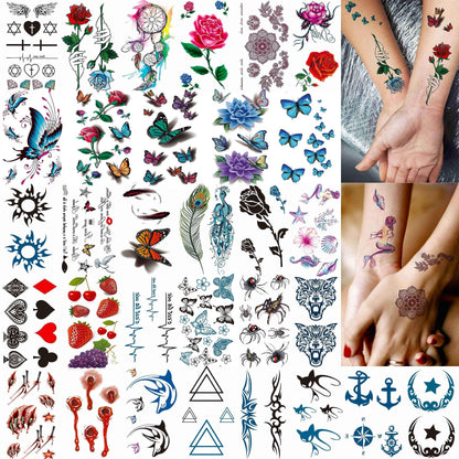 12 Sheets Beautiful Butterfly Flowers Temporary Tattoos For Women Feet Hands Body Art, Realistic Rose Peony Floral Fake Tattoo Sticker For Legs Ankle, Waterproof Lily Dreamcatcher Temp Tatoos Decals