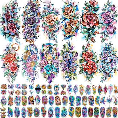 12 Sheets Beautiful Butterfly Flowers Temporary Tattoos For Women Feet Hands Body Art, Realistic Rose Peony Floral Fake Tattoo Sticker For Legs Ankle, Waterproof Lily Dreamcatcher Temp Tatoos Decals