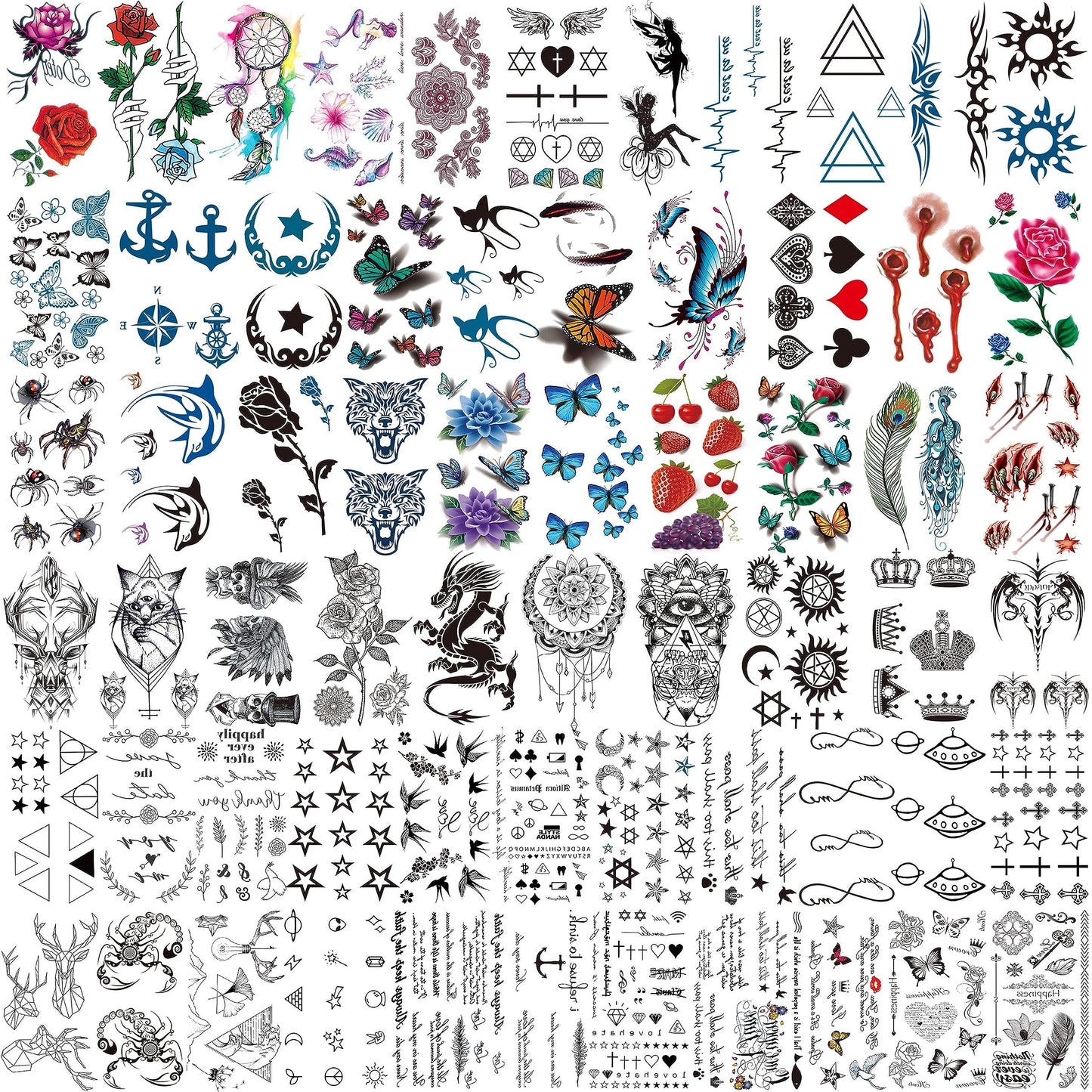 12 Sheets Beautiful Butterfly Flowers Temporary Tattoos For Women Feet Hands Body Art, Realistic Rose Peony Floral Fake Tattoo Sticker For Legs Ankle, Waterproof Lily Dreamcatcher Temp Tatoos Decals