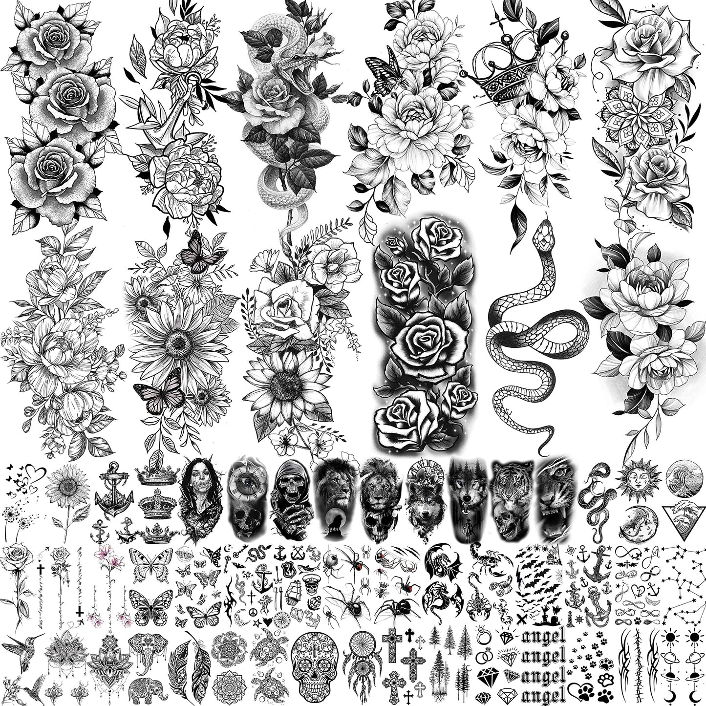 12 Sheets Beautiful Butterfly Flowers Temporary Tattoos For Women Feet Hands Body Art, Realistic Rose Peony Floral Fake Tattoo Sticker For Legs Ankle, Waterproof Lily Dreamcatcher Temp Tatoos Decals