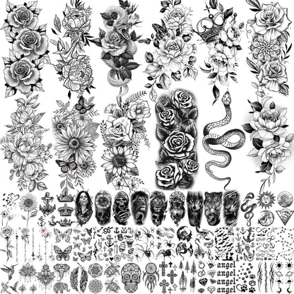 12 Sheets Beautiful Butterfly Flowers Temporary Tattoos For Women Feet Hands Body Art, Realistic Rose Peony Floral Fake Tattoo Sticker For Legs Ankle, Waterproof Lily Dreamcatcher Temp Tatoos Decals